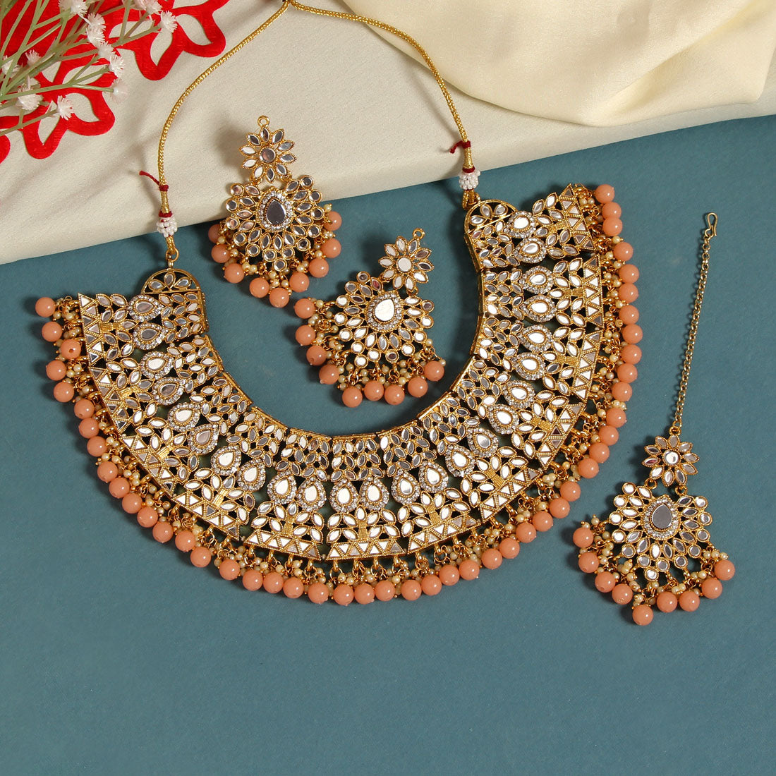 Peach Color Kundan Mirror Necklaces Set (MRN115PCH) - preyans.com