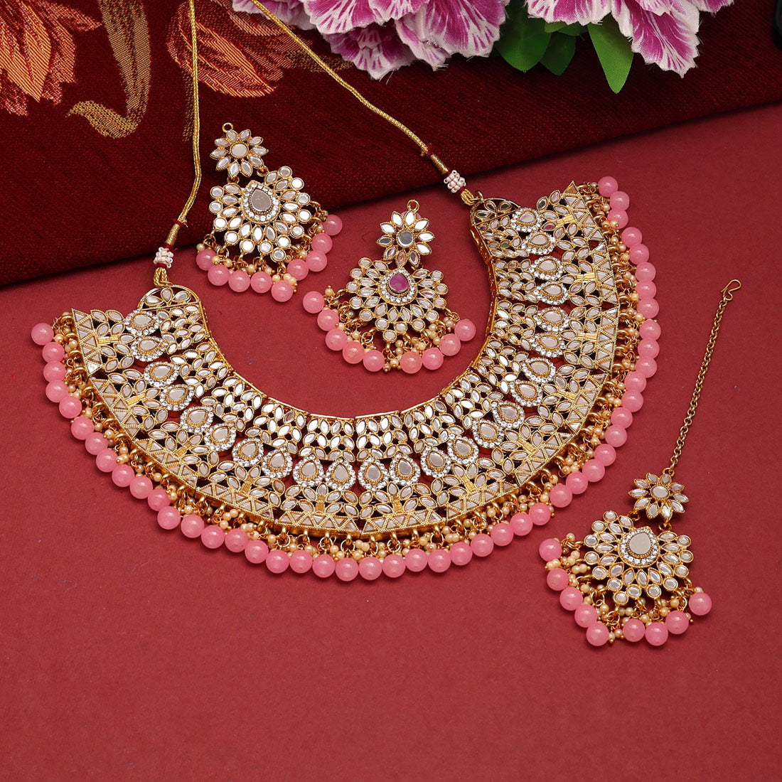 Pink Color Kundan Mirror Necklaces Set (MRN115PNK) - preyans.com