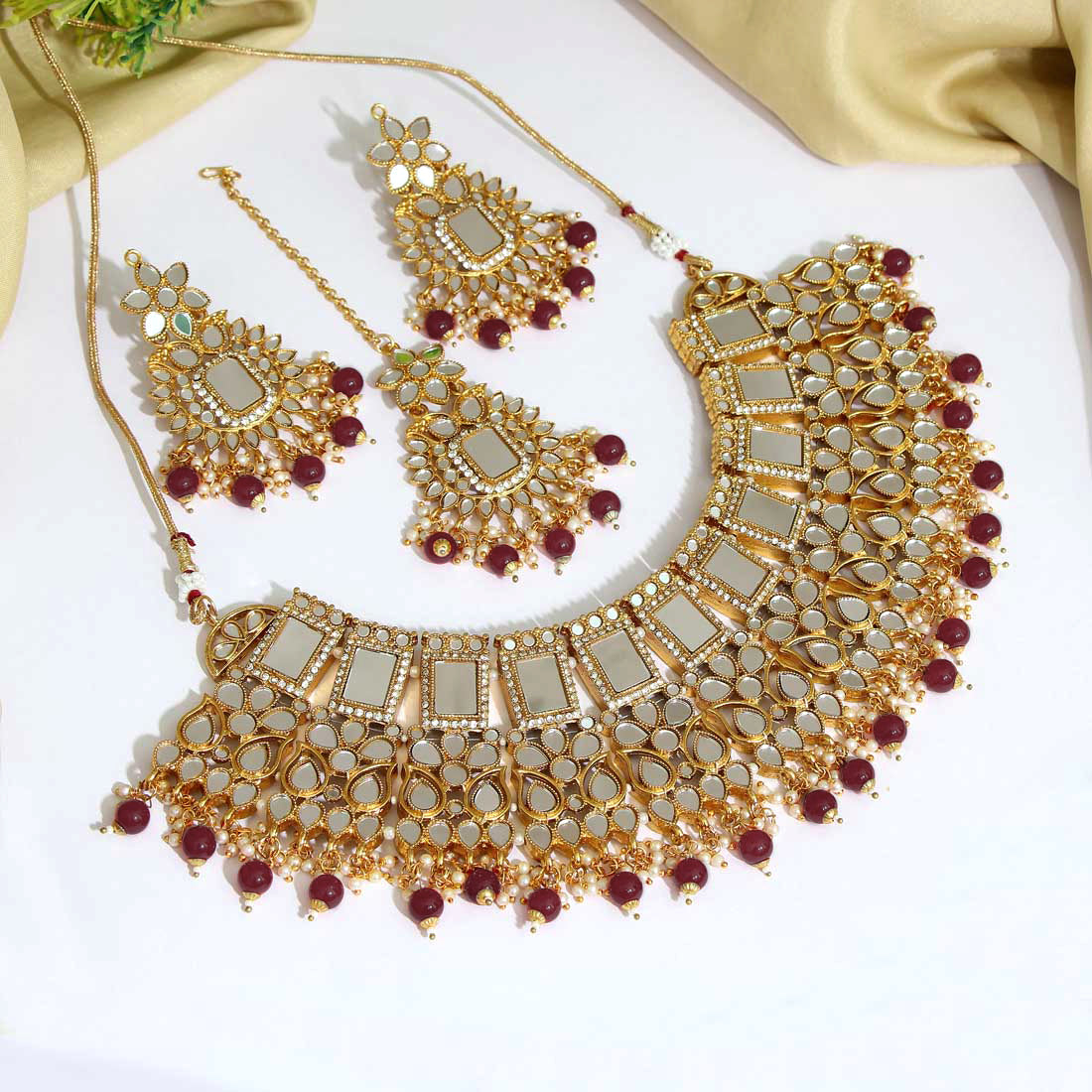 Maroon Color Kundan Mirror Necklace Set (MRN116MRN) - preyans.com