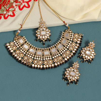 Black Color Kundan Mirror Necklaces Set (MRN117BLK) - preyans.com