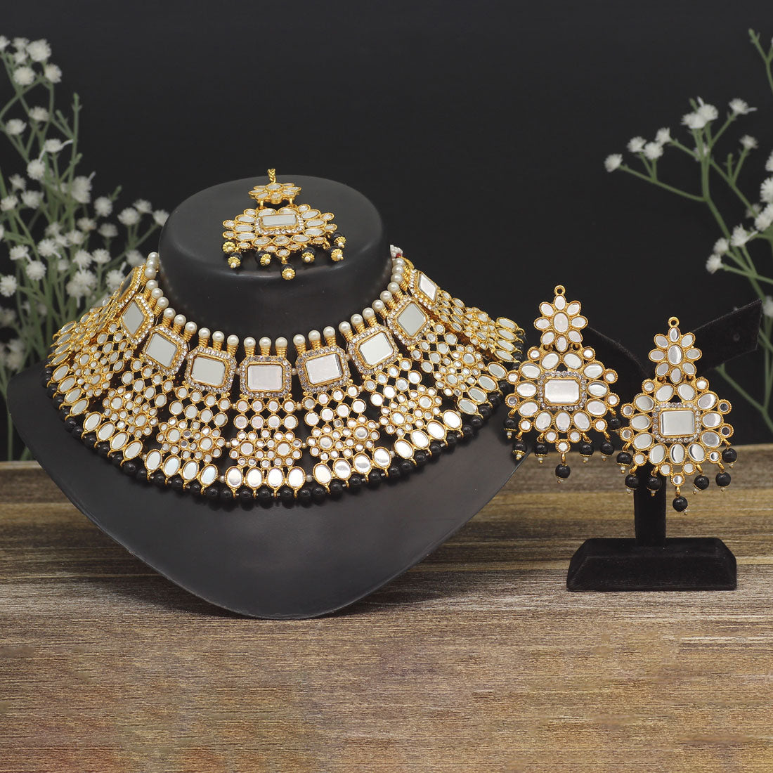 Black Color Kundan Mirror Necklaces Set (MRN117BLK) - preyans.com