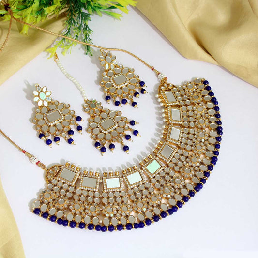 Blue Color Kundan Mirror Necklaces Set (MRN117BLU) - preyans.com