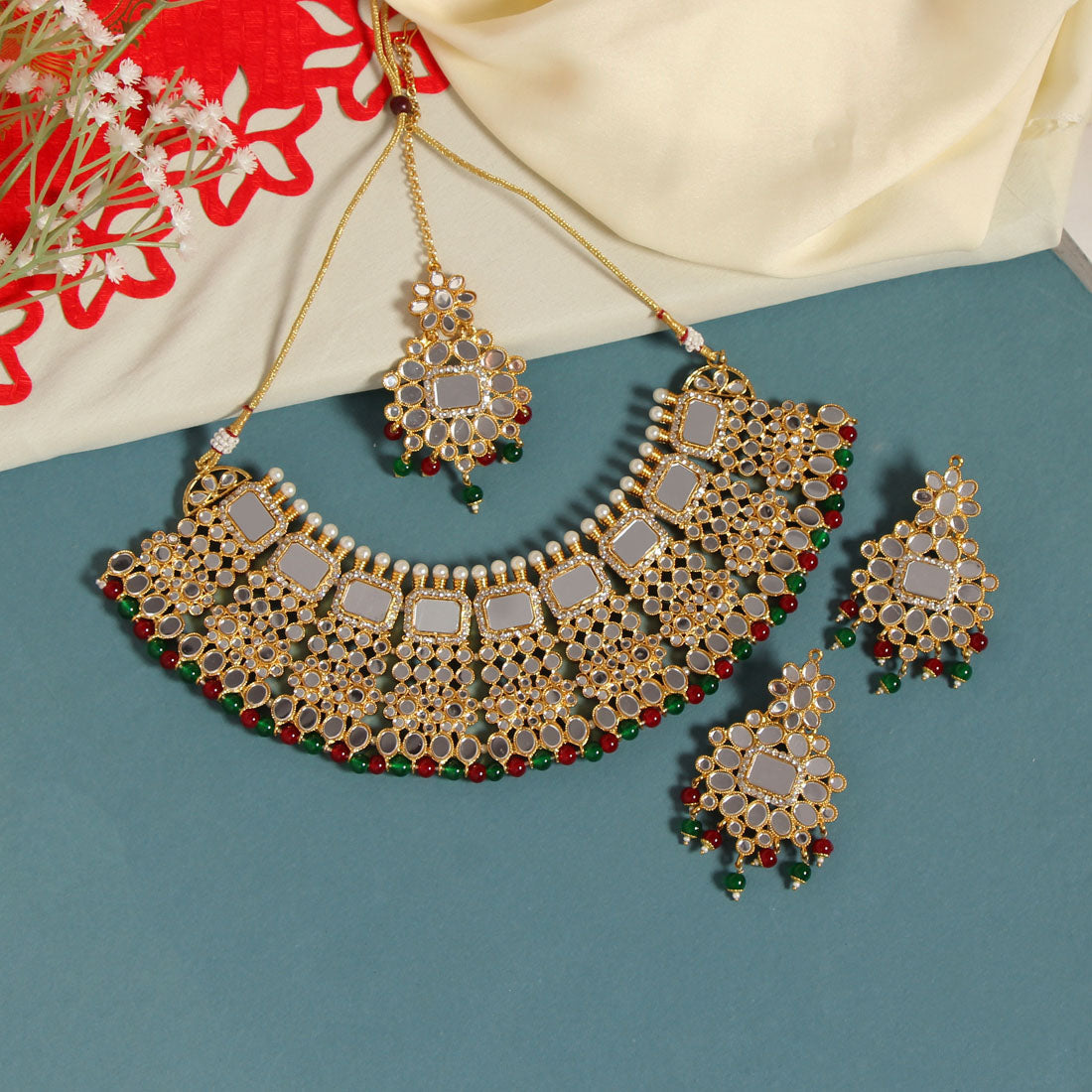 Maroon & Green Color Kundan Mirror Necklaces Set (MRN117MG) - preyans.com