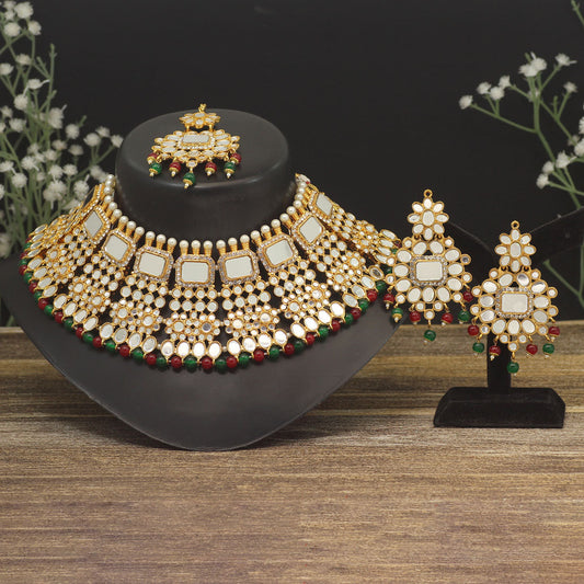 Maroon & Green Color Kundan Mirror Necklaces Set (MRN117MG) - preyans.com