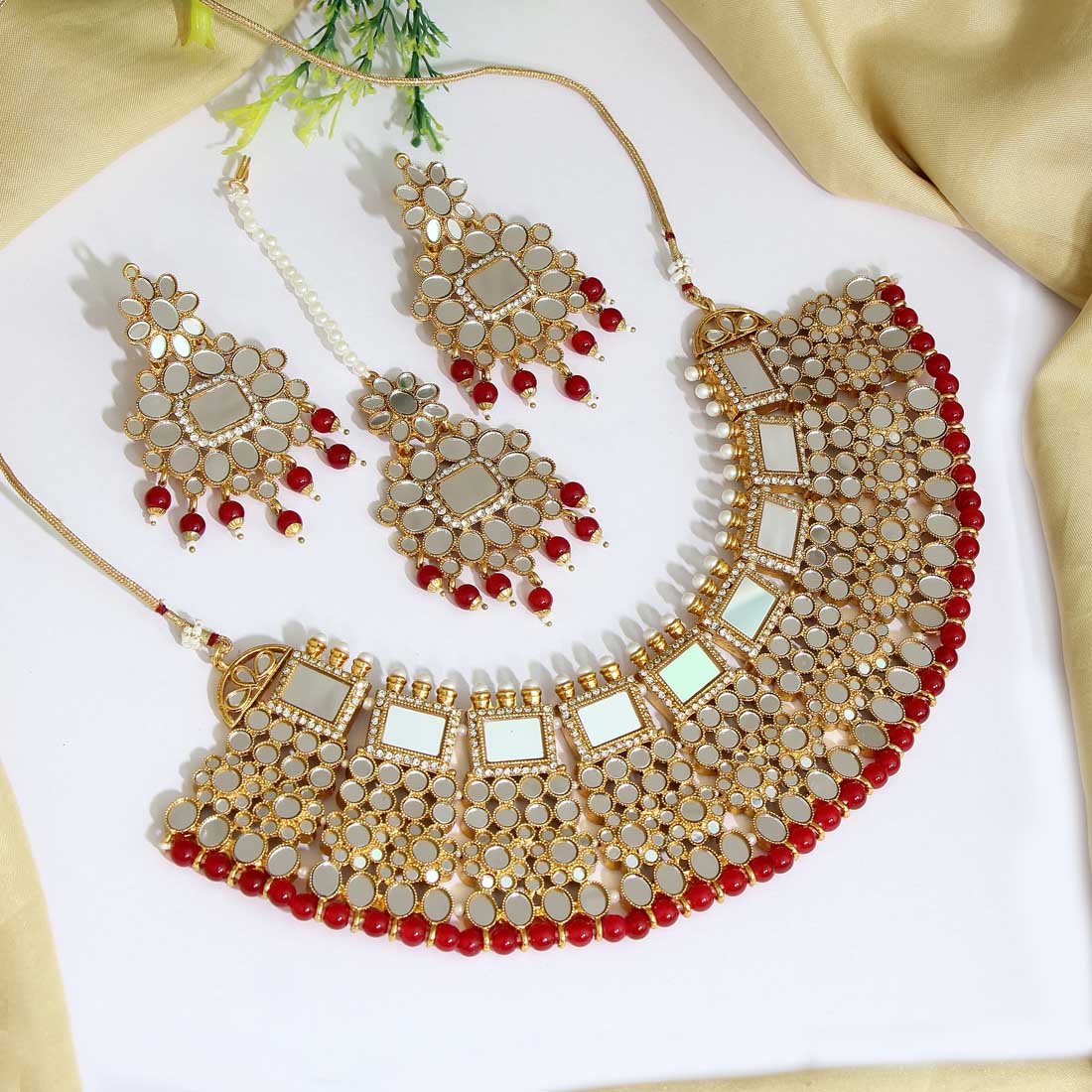 Maroon Color Kundan Mirror Necklaces Set (MRN117MRN) - preyans.com