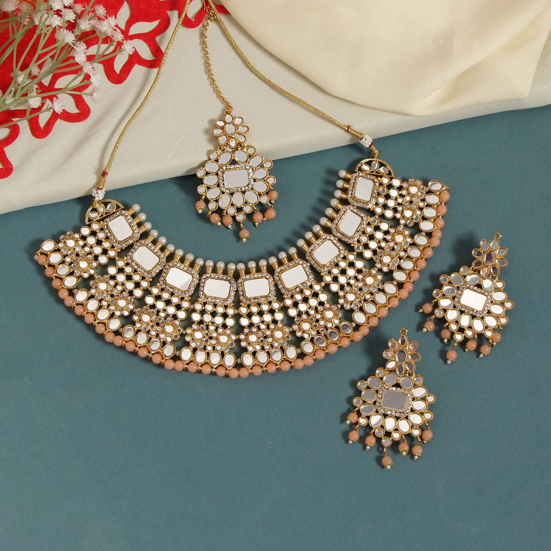 Peach Color Kundan Mirror Necklaces Set (MRN117PCH) - preyans.com