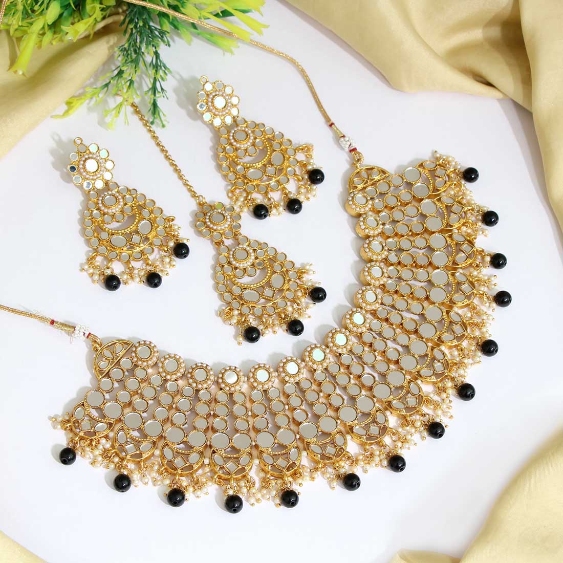 Black Color Kundan Mirror Necklaces Set (MRN118BLK) - preyans.com