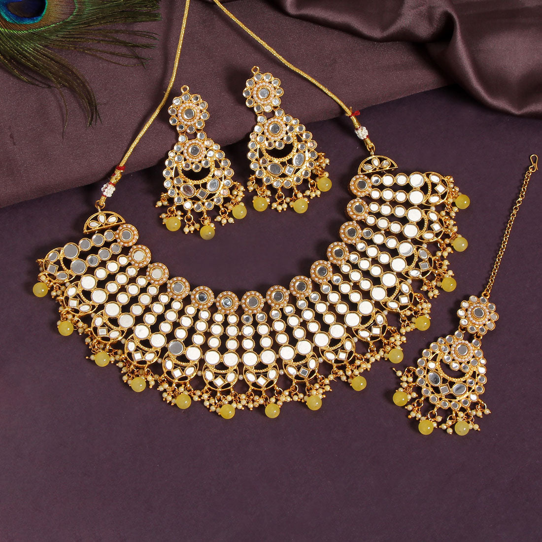 Lemon Yellow Color Kundan Mirror Necklaces Set (MRN118LYLW) - preyans.com