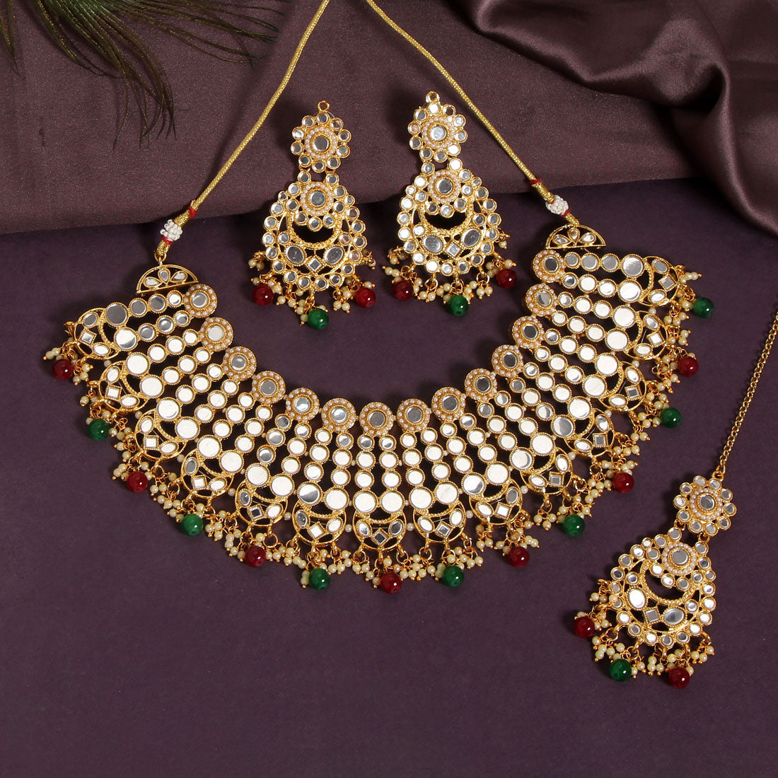 Maroon & Green Color Kundan Mirror Necklaces Set (MRN118MG) - preyans.com