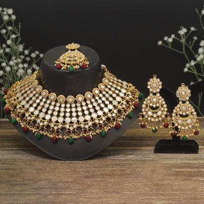 Maroon & Green Color Kundan Mirror Necklaces Set (MRN118MG) - preyans.com