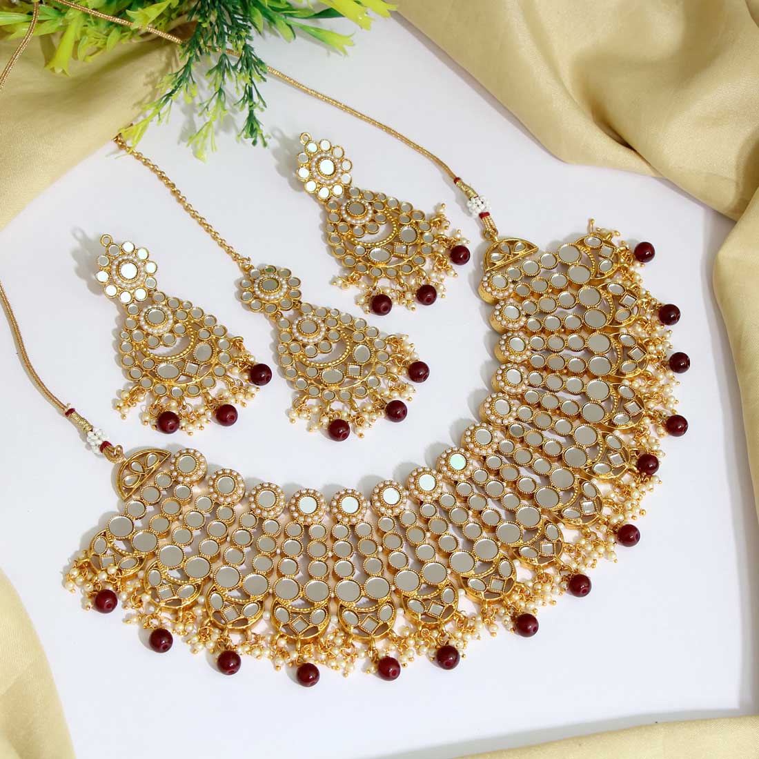 Maroon Color Kundan Mirror Necklaces Set (MRN118MRN) - preyans.com