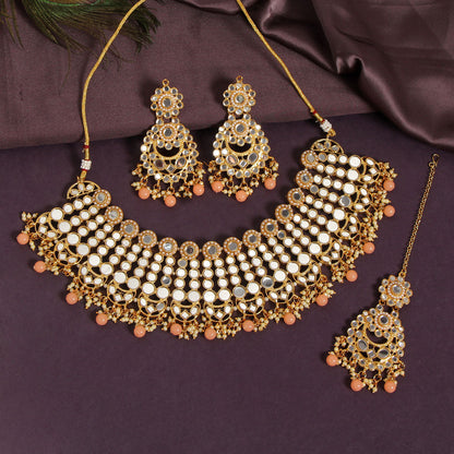 Peach Color Kundan Mirror Necklaces Set (MRN118PCH) - preyans.com