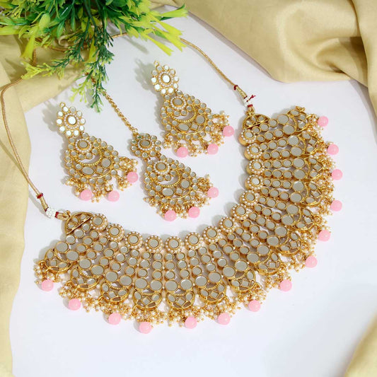 Pink Color Kundan Mirror Necklaces Set (MRN118PNK) - preyans.com