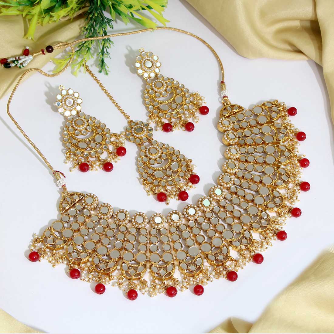 Red Color Kundan Mirror Necklaces Set (MRN118RED) - preyans.com