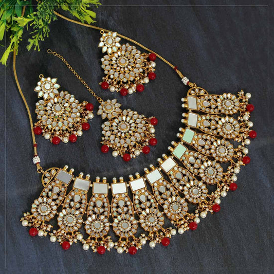 Red Color Kundan Mirror Necklaces Set (MRN119RED) - preyans.com