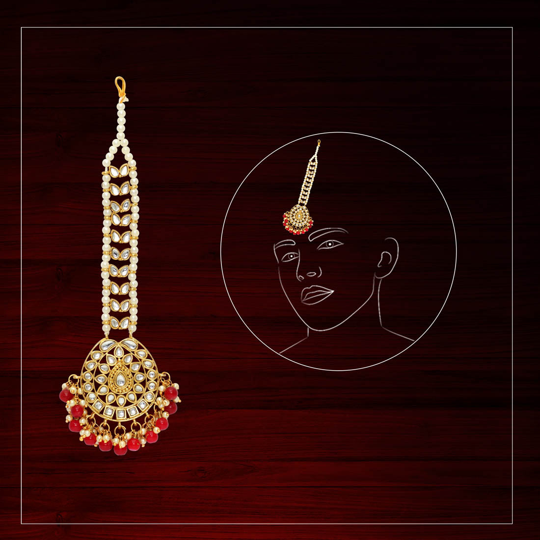 Red Color Imitation Pearl & Kundan Maang Tikka (MTK221RED) - Preyans.com