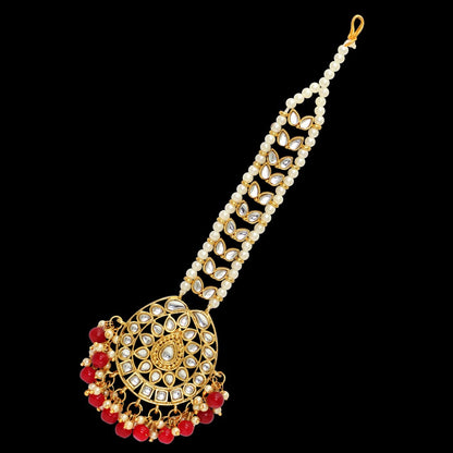 Red Color Imitation Pearl & Kundan Maang Tikka (MTK221RED) - Preyans.com