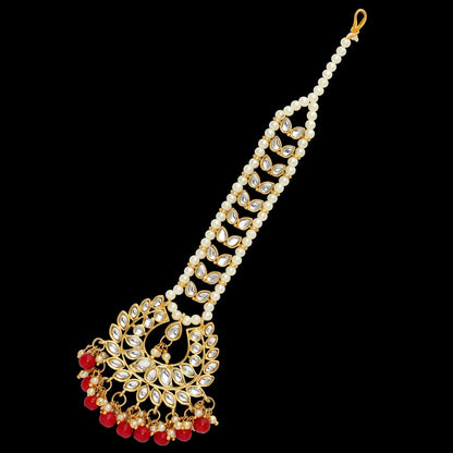 Red Color Imitation Pearl & Kundan Maang Tikka (MTK222RED) - Preyans.com