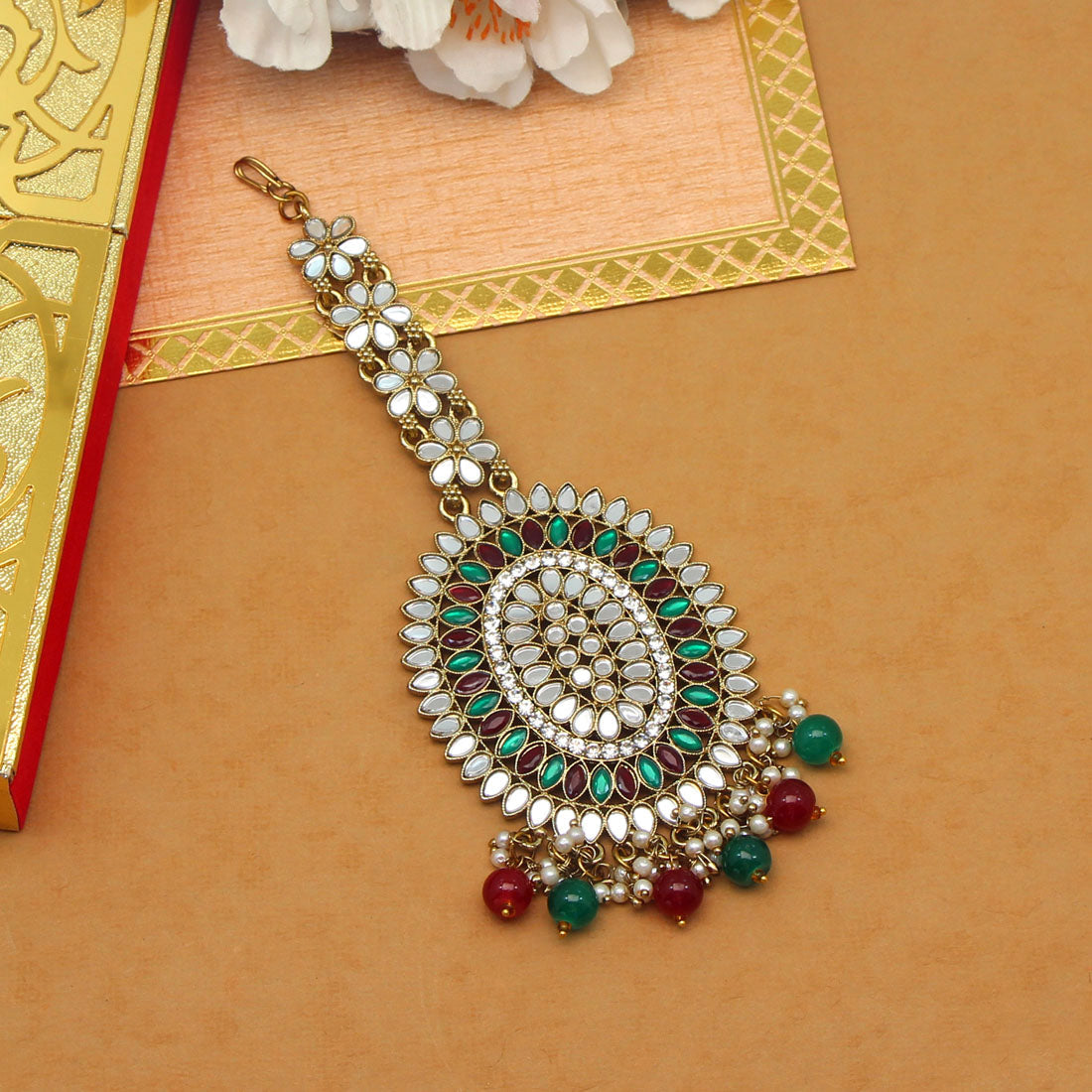 Maroon & Green Color Mirror Work Maang Tikka (MTK539MG) - preyans.com