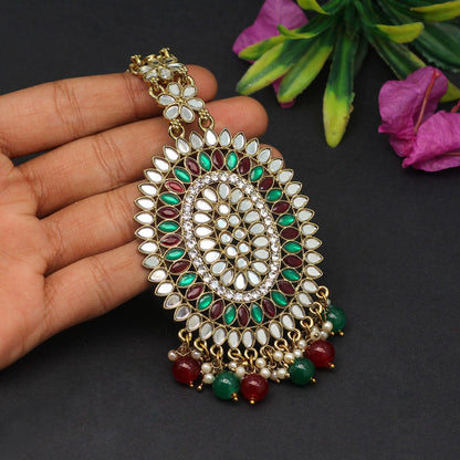 Maroon & Green Color Mirror Work Maang Tikka (MTK539MG) - preyans.com