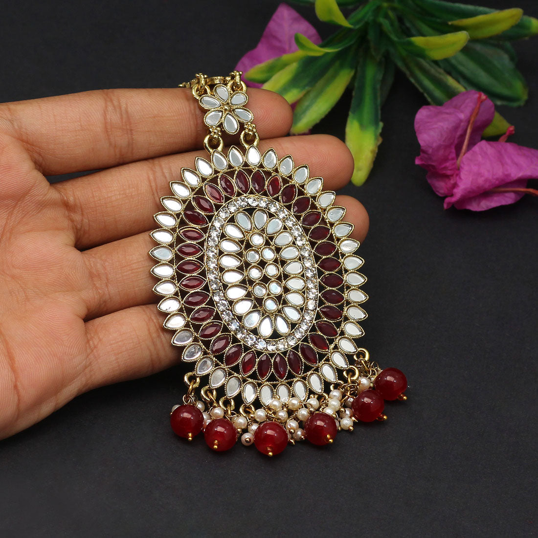 Maroon Color Mirror Work Maang Tikka (MTK539MRN) - preyans.com