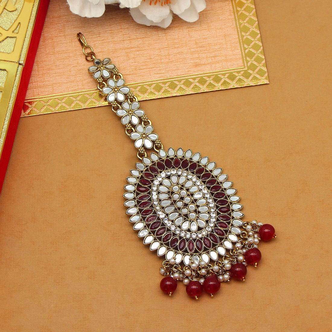 Maroon Color Mirror Work Maang Tikka (MTK539MRN) - preyans.com