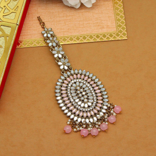 Pink Color Mirror Work Maang Tikka (MTK539PNK) - preyans.com