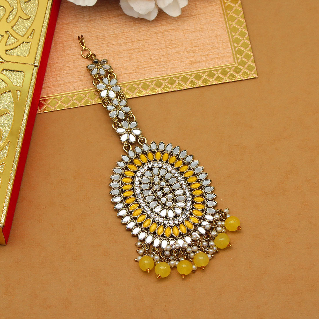 Yellow Color Mirror Work Maang Tikka (MTK539YLW) - preyans.com