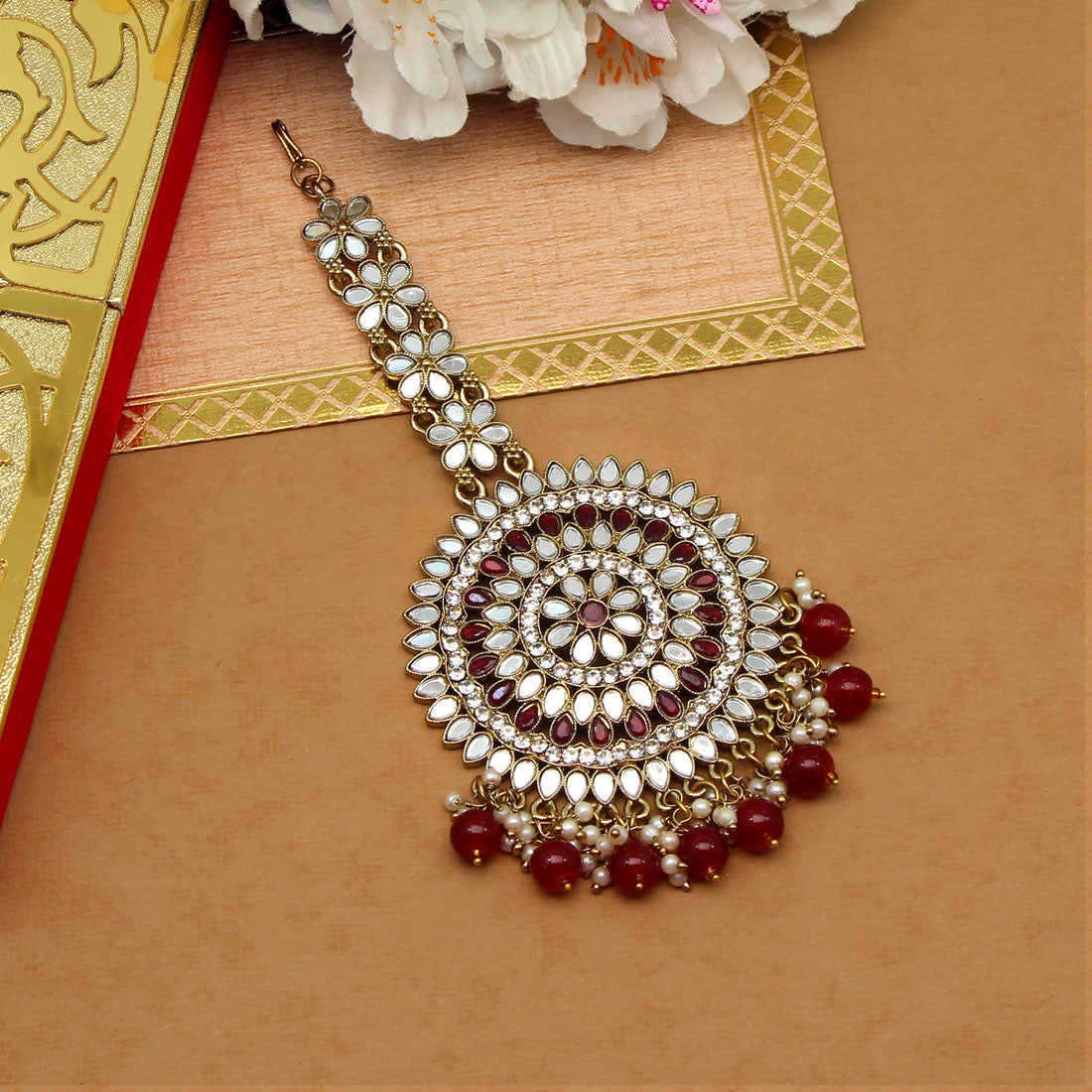 Maroon Color Mirror Work Maang Tikka (MTK540MRN) - preyans.com