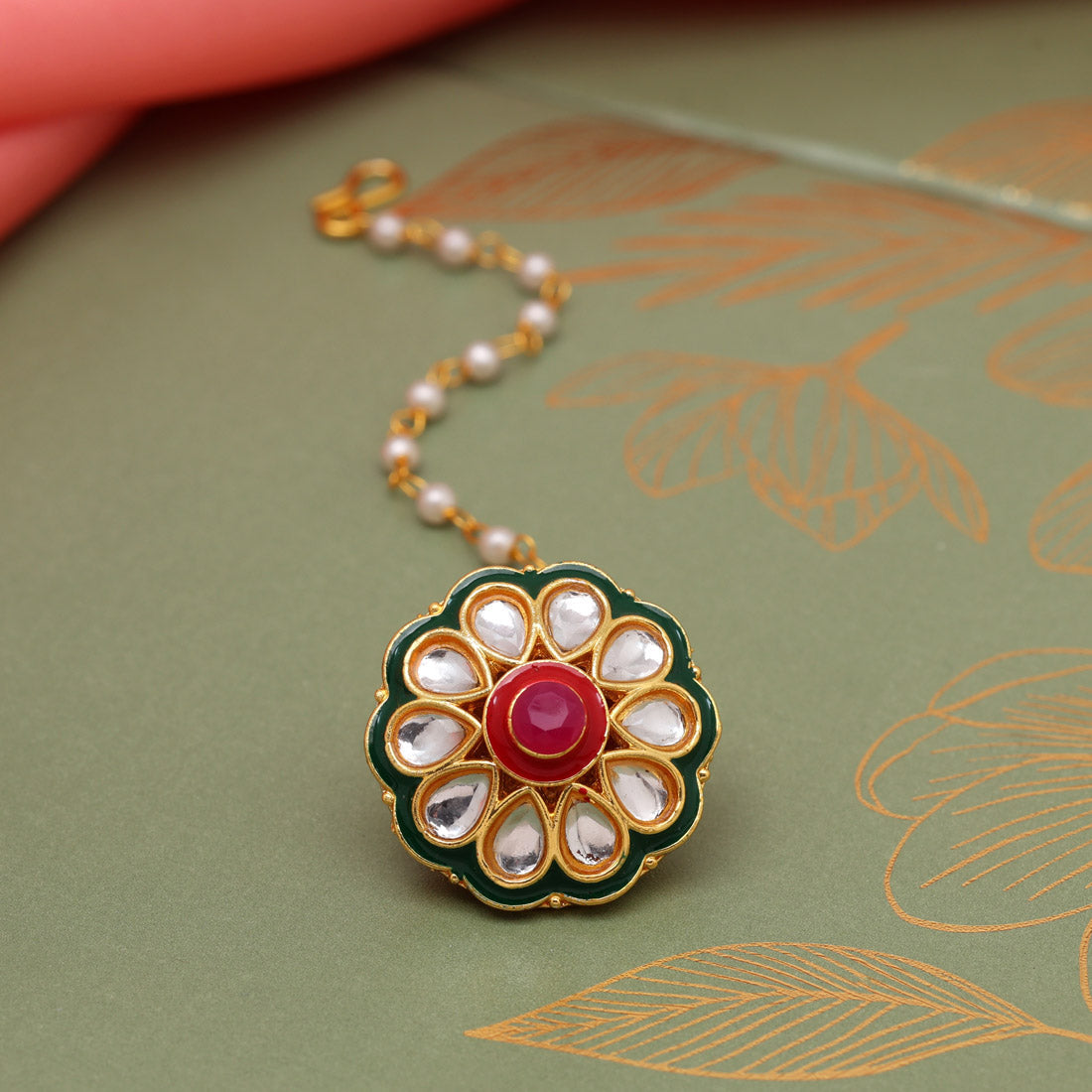 Maroon & Green Color Kundan Meena Borla Tikka (MTK547MG) - preyans.com