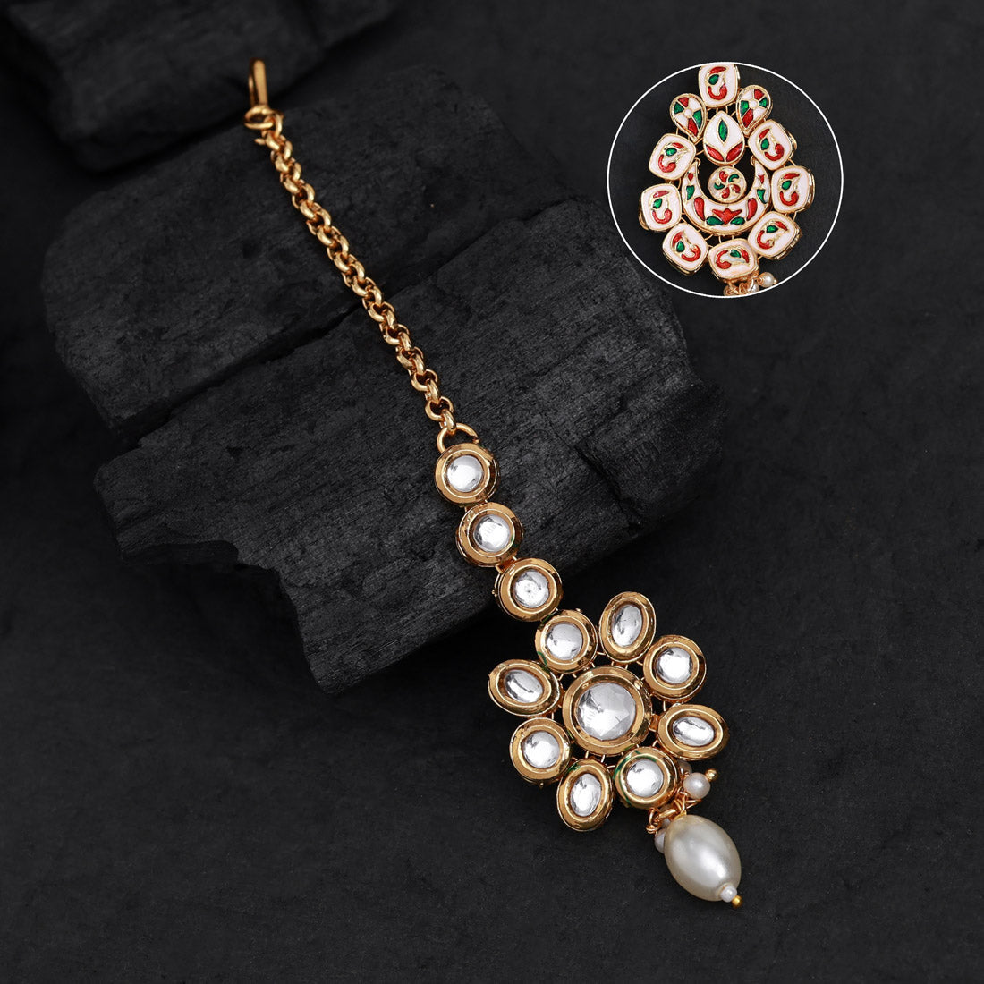 White Color Meena Work Kundan Maang Tikka (MTK553WHT) - preyans.com