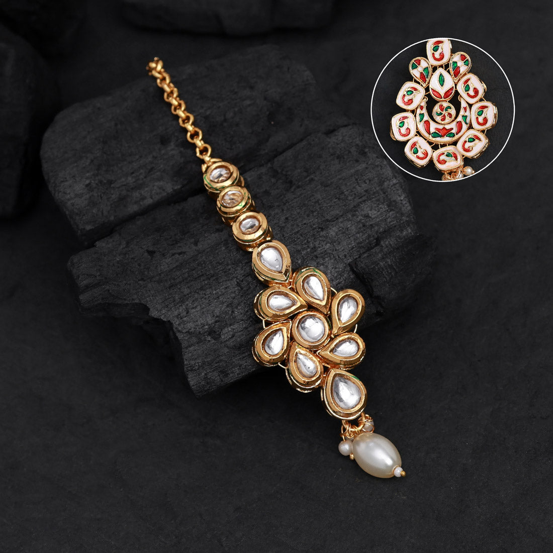 White Color Meena Work Kundan Maang Tikka (MTK554WHT) - preyans.com