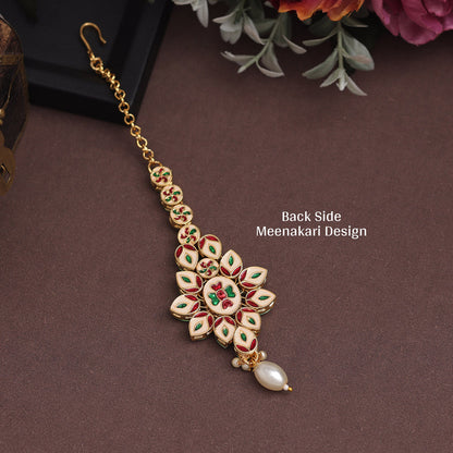 White Color Meena Work Kundan Maang Tikka (MTK559WHT) - preyans.com