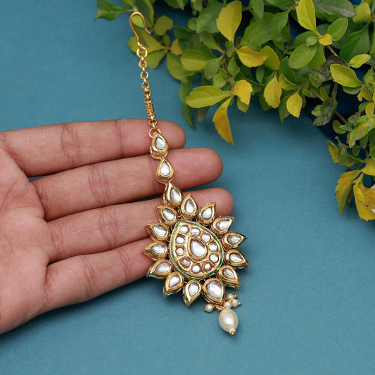 White Color Meena Work Kundan Maang Tikka (MTK561WHT) - preyans.com