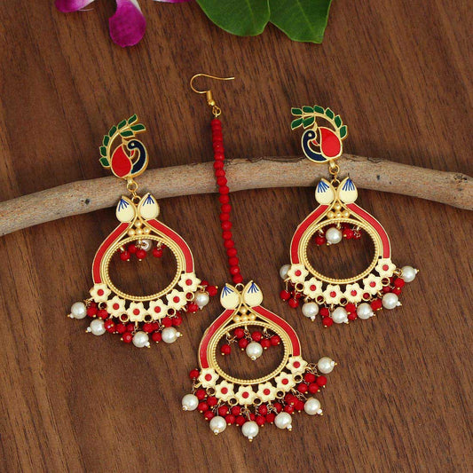 Red Color Meenakari Earrings Tikka Set (MTKE422RED) - preyans.com