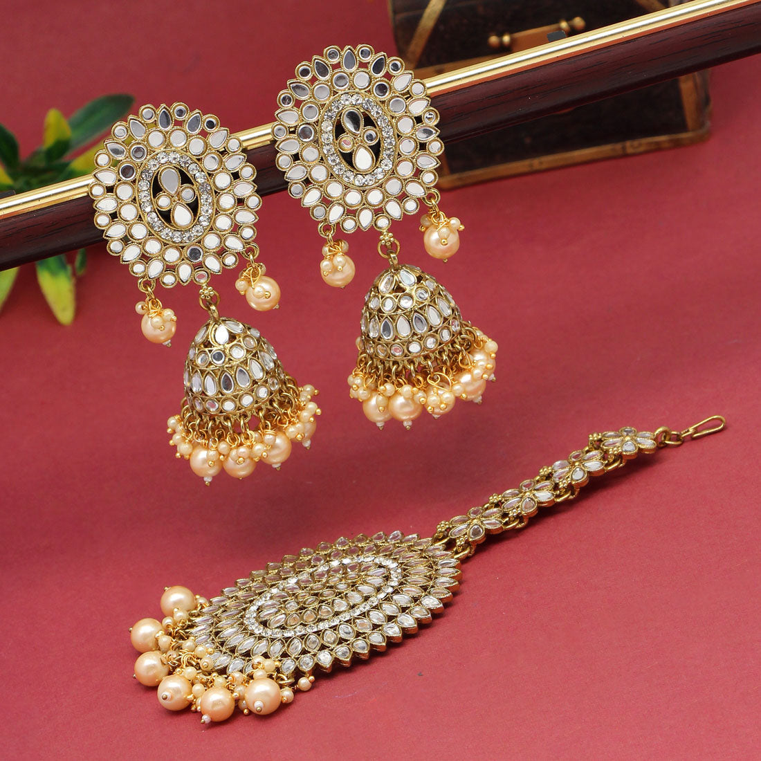 Gold Color Mirror Kundan Earrings With Maang Tikka (MTKE459GLD) - preyans.com