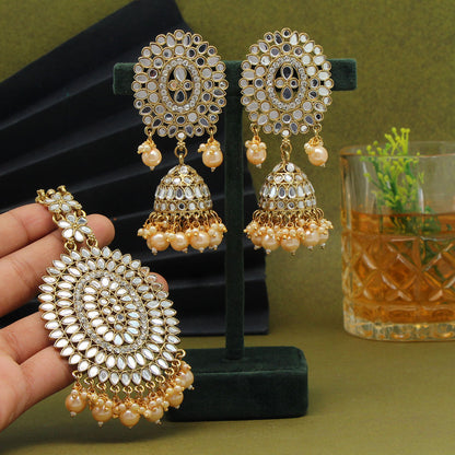 Gold Color Mirror Kundan Earrings With Maang Tikka (MTKE459GLD) - preyans.com