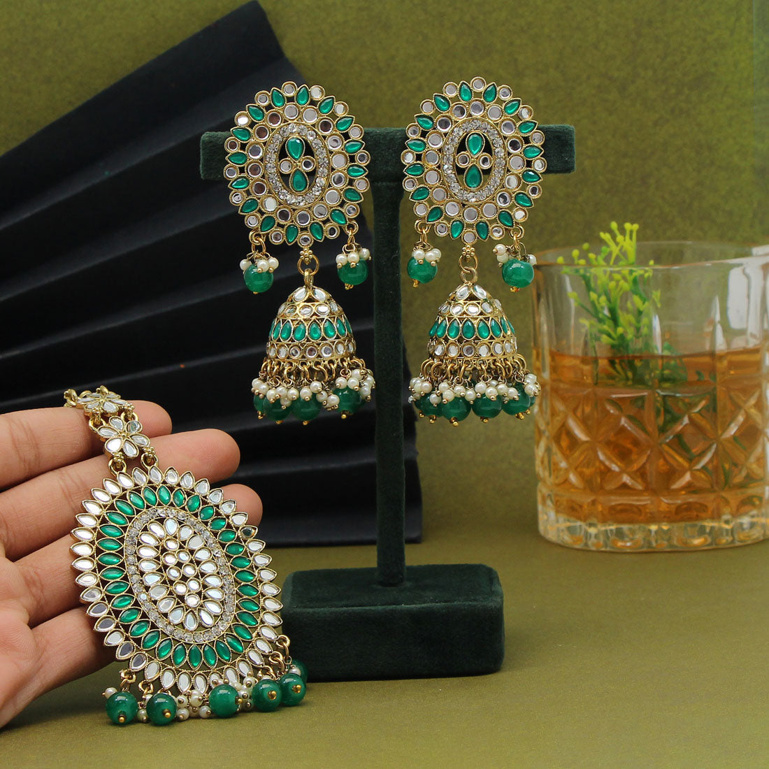 Green Color Mirror Kundan Earrings With Maang Tikka (MTKE459GRN) - preyans.com