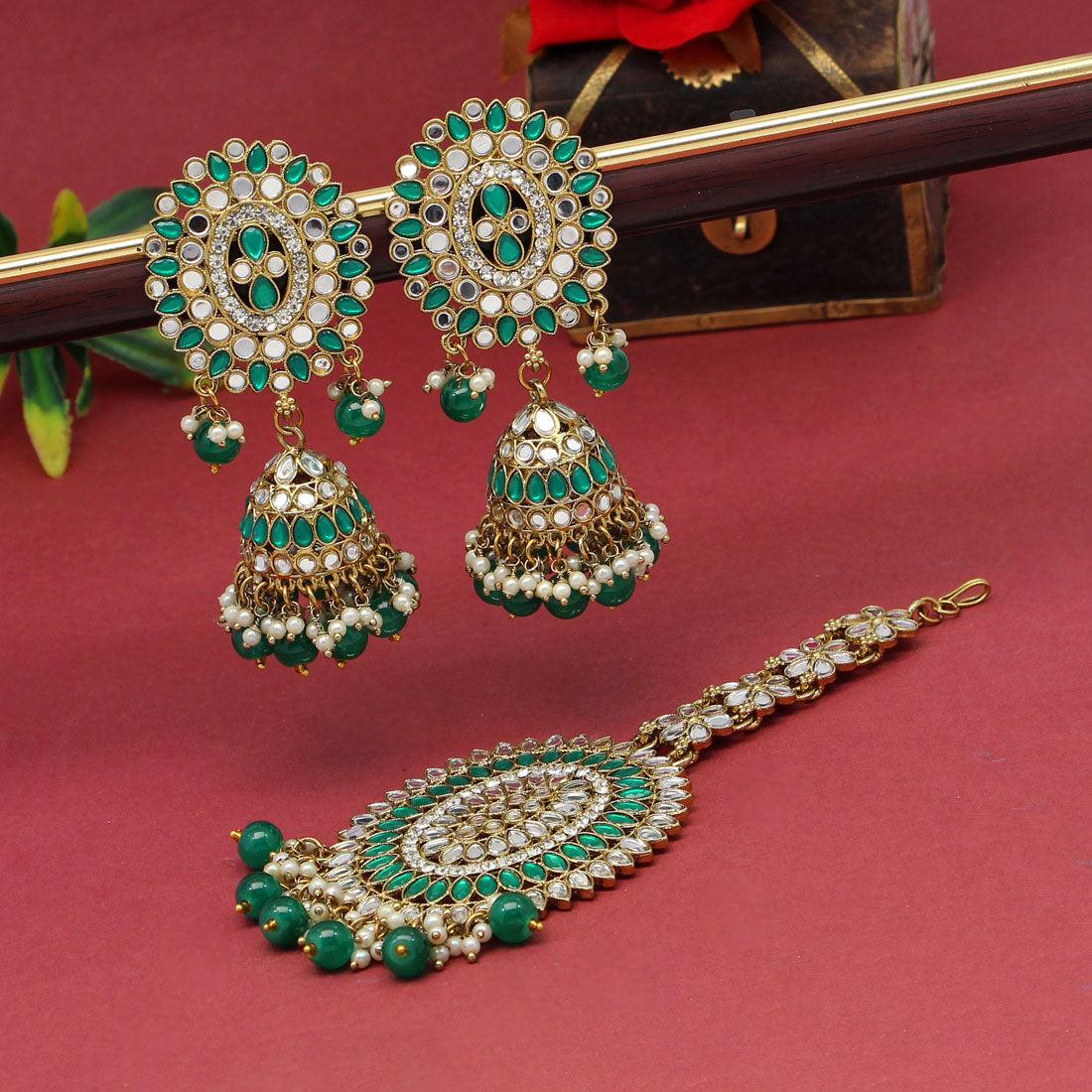 Green Color Mirror Kundan Earrings With Maang Tikka (MTKE459GRN) - preyans.com