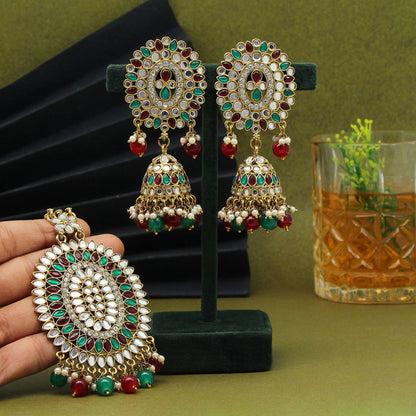 Maroon & Green Color Mirror Kundan Earrings With Maang Tikka (MTKE459MG) - preyans.com