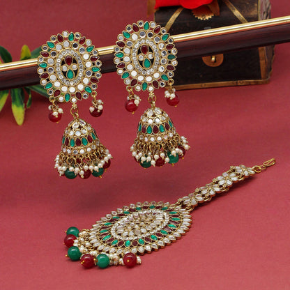 Maroon & Green Color Mirror Kundan Earrings With Maang Tikka (MTKE459MG) - preyans.com