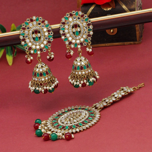 Maroon & Green Color Mirror Kundan Earrings With Maang Tikka (MTKE459MG) - preyans.com