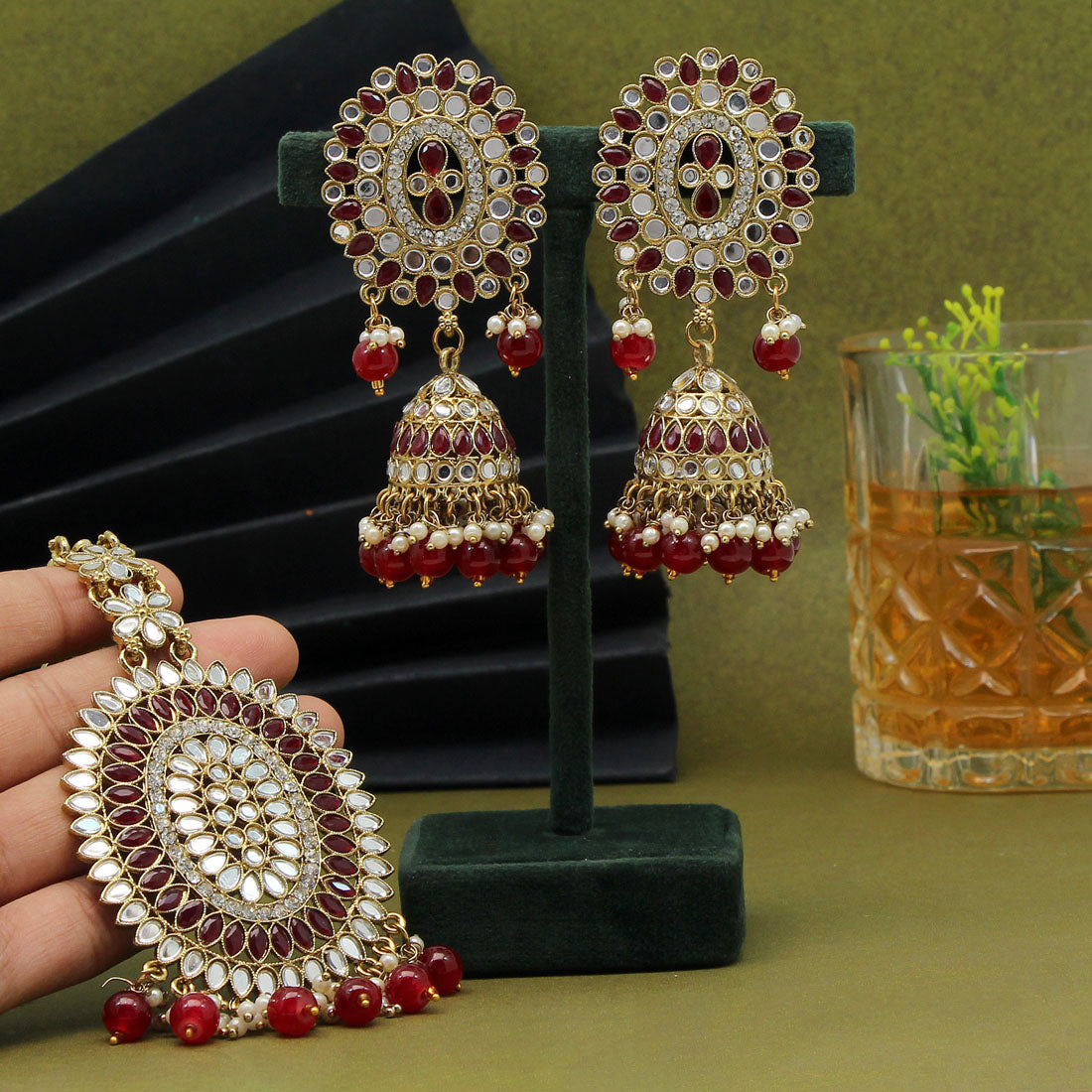 Maroon Color Mirror Kundan Earrings With Maang Tikka (MTKE459MRN) - preyans.com