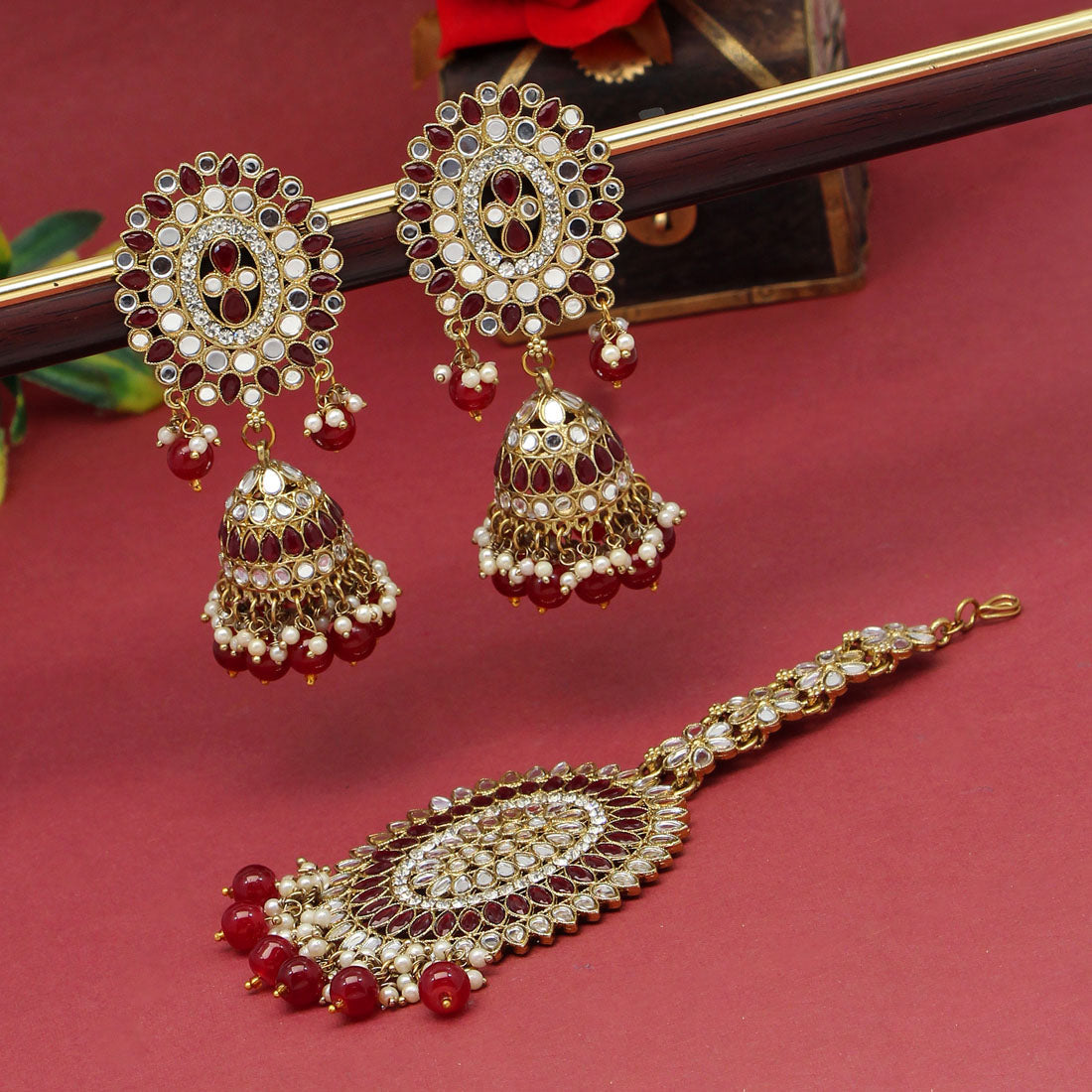 Maroon Color Mirror Kundan Earrings With Maang Tikka (MTKE459MRN) - preyans.com