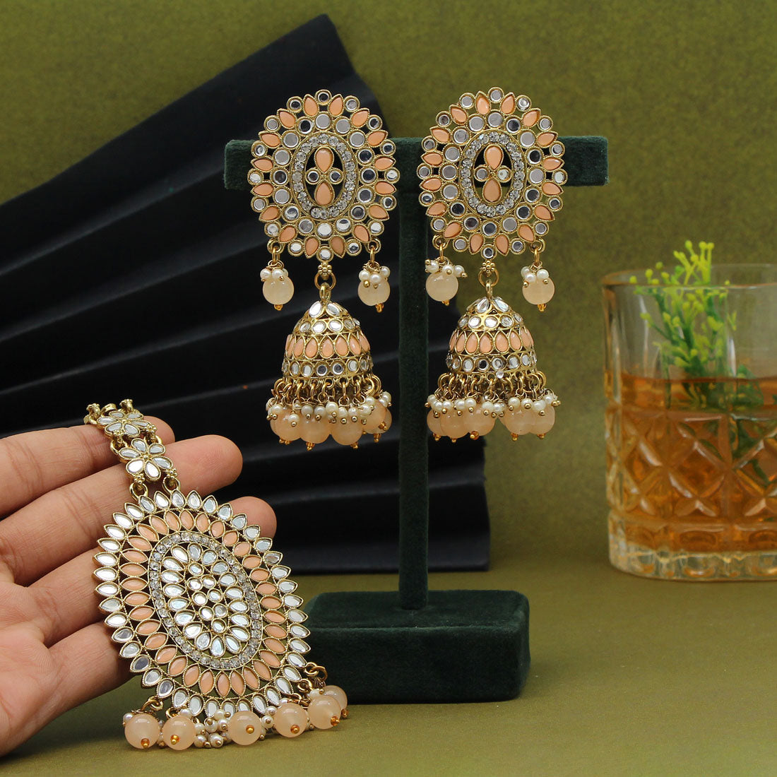 Peach Color Mirror Kundan Earrings With Maang Tikka (MTKE459PCH) - preyans.com