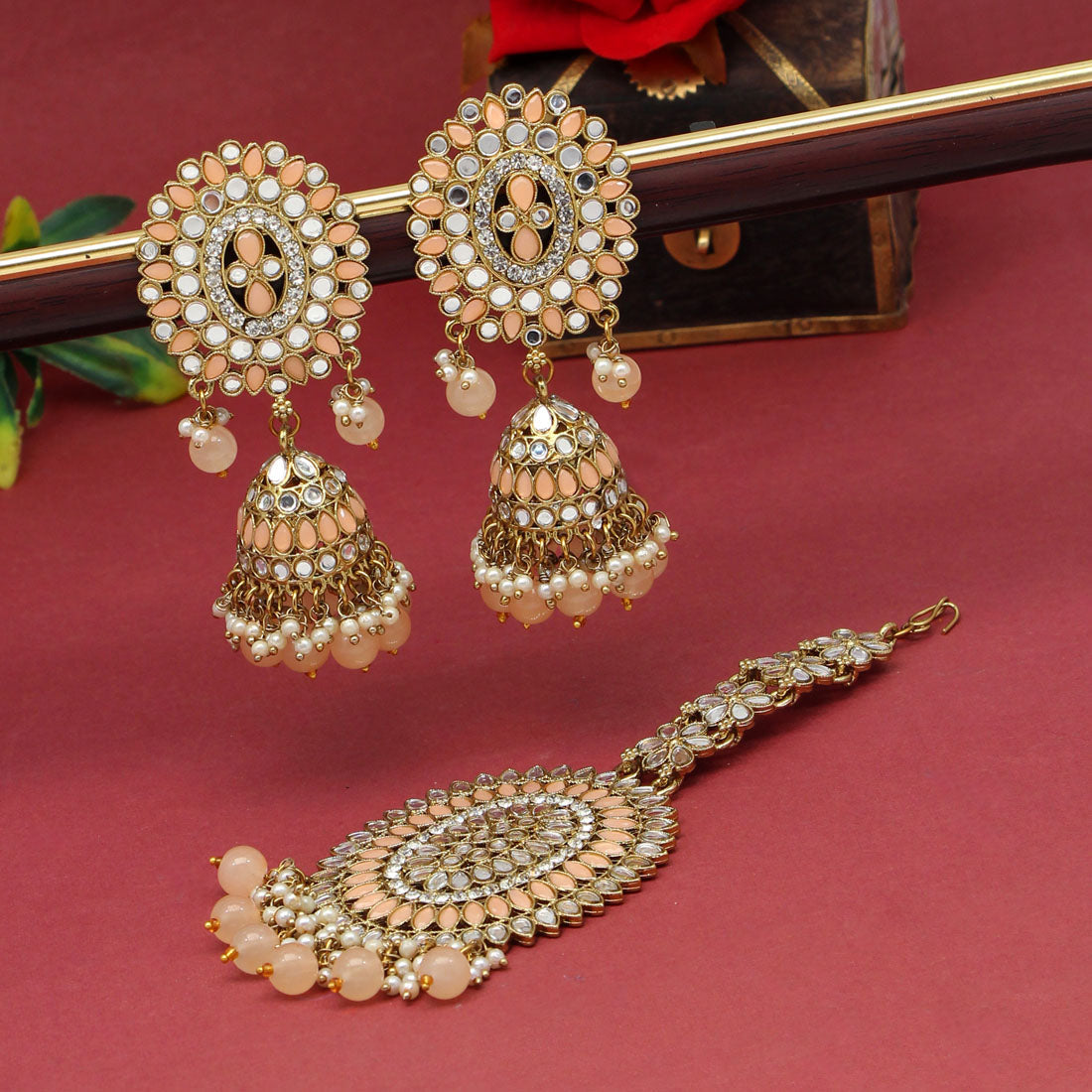 Peach Color Mirror Kundan Earrings With Maang Tikka (MTKE459PCH) - preyans.com