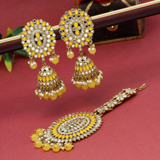 Yellow Color Mirror Kundan Earrings With Maang Tikka (MTKE459YLW) - preyans.com