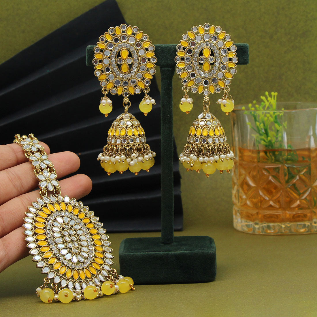 Yellow Color Mirror Kundan Earrings With Maang Tikka (MTKE459YLW) - preyans.com