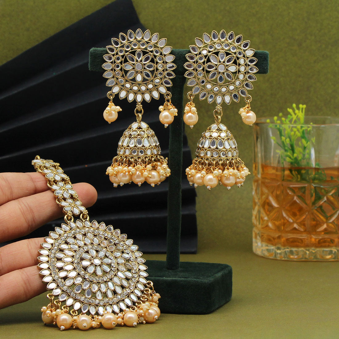 Gold Color Mirror Kundan Earrings With Maang Tikka (MTKE460GLD) - preyans.com