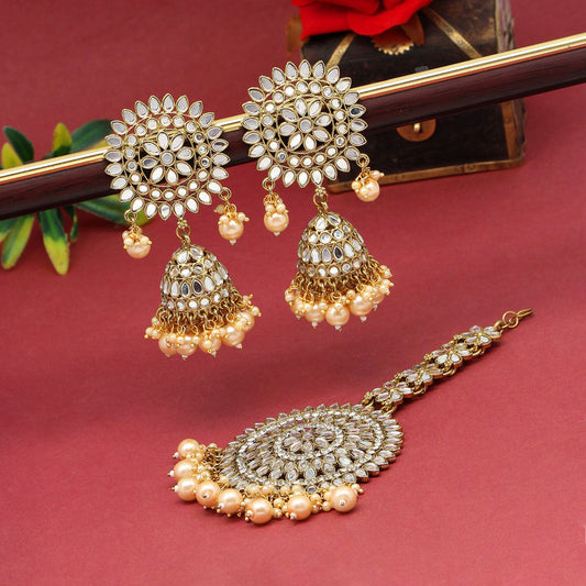 Gold Color Mirror Kundan Earrings With Maang Tikka (MTKE460GLD) - preyans.com